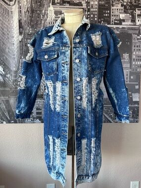 Thrill Jeans Distressed Denim Long Jacket